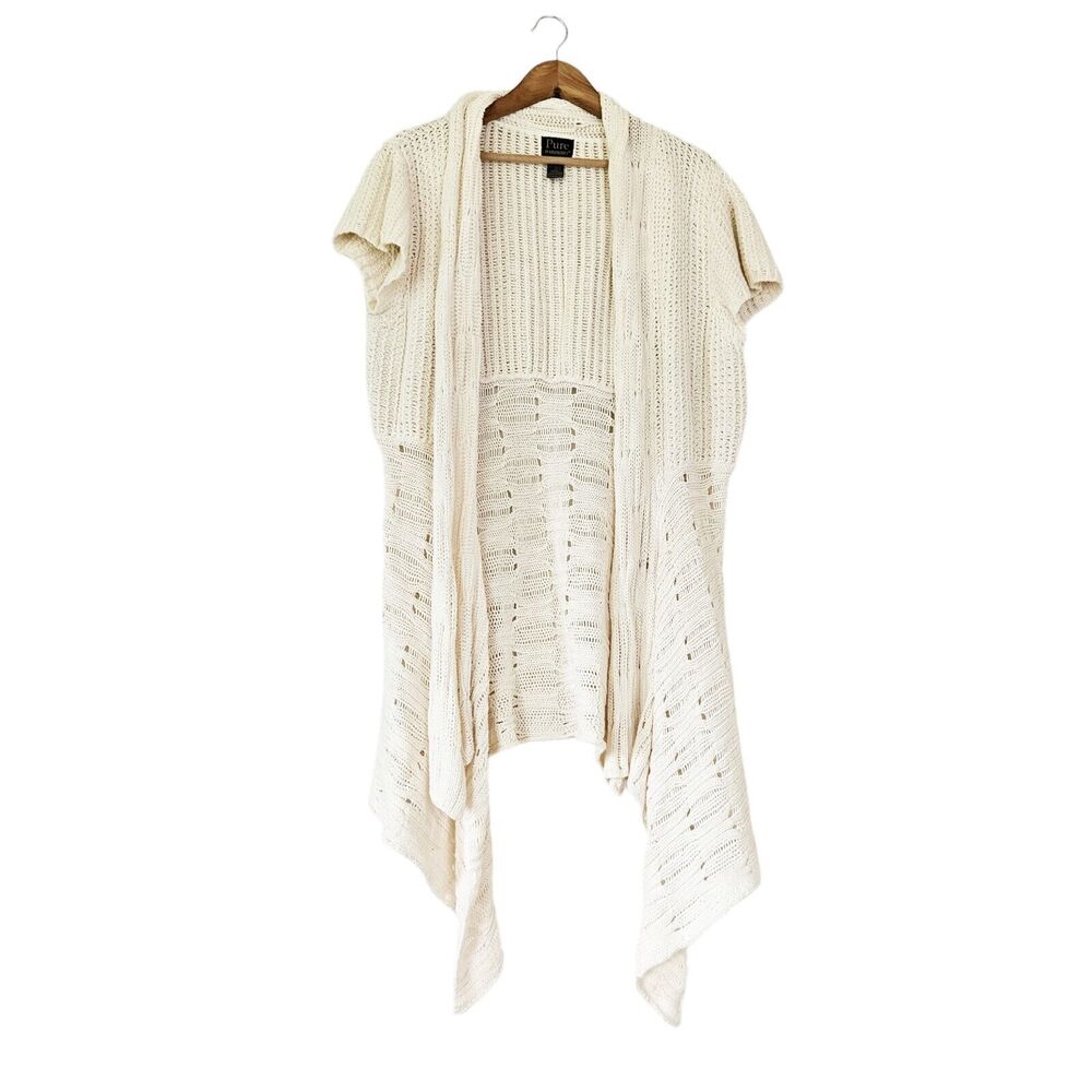 Pure Handknit Cardigan Womens L/XL Cream Open Front Chunky Longline Cottage Boho